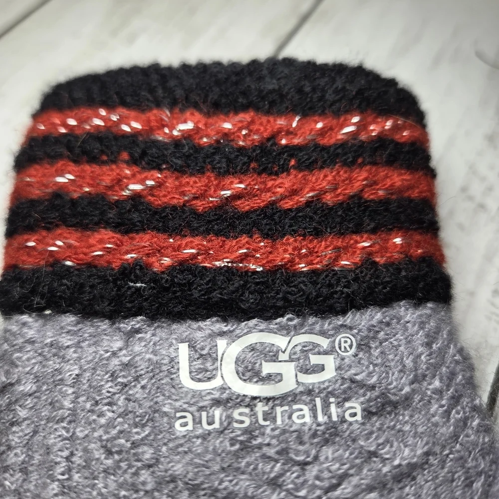 UGG Women's Gray Knit Gloves with Black and Red Stripes